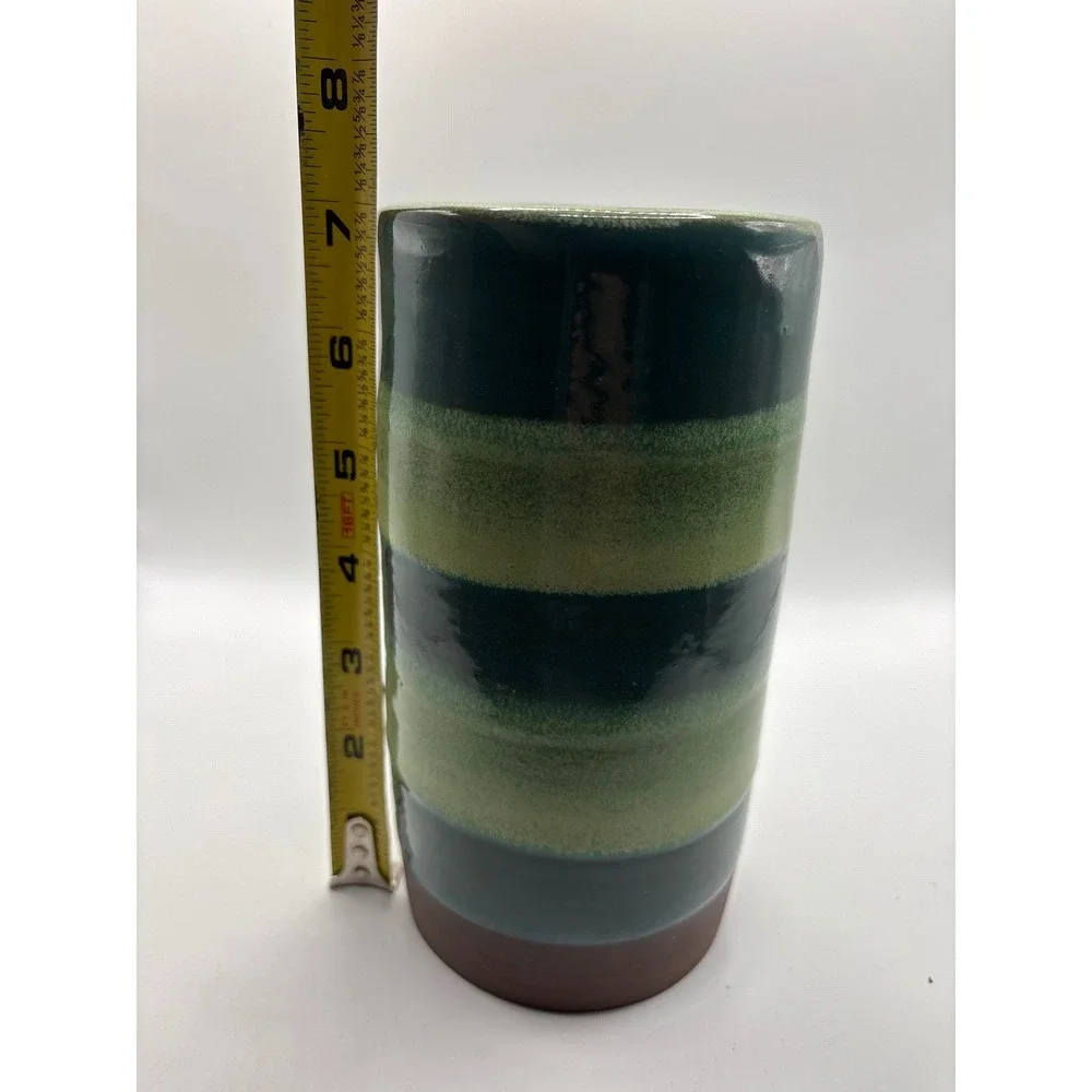 Phyllis Studio Pottery Cylinder Vase Green Teal Striped Handcrafted 2021 7.25in